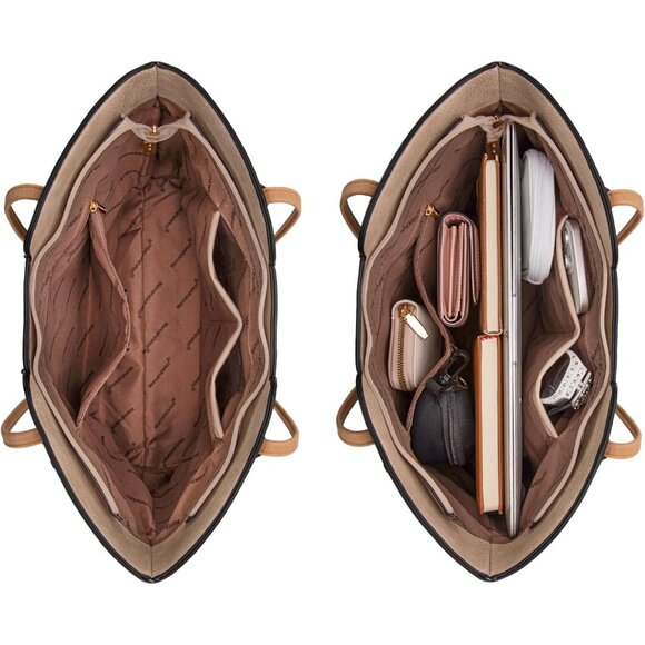 Women Three Chocolate Imported Vegan Leather Medium Top Handle Satchel Tote Bags - Picture 5 of 6